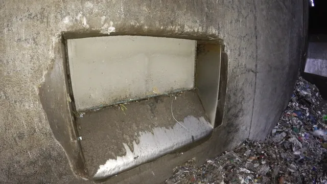 Öppning i bunkerväggen med utbruten kant, drönarbild