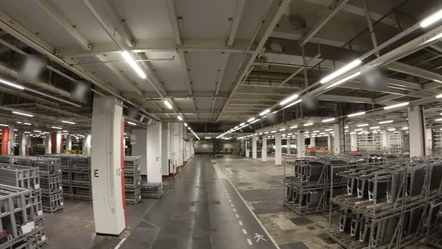 Stor produktionshall med pelarraster och takbalkar