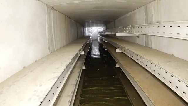 Kabeldykare med stående vatten på botten mellan kabelstegarna