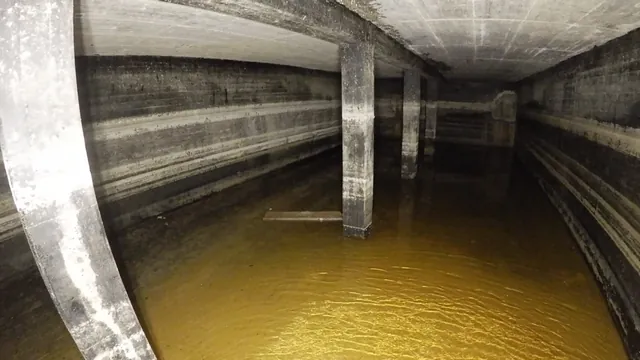 Underjordisk betongbassäng med pelare och vatten på botten, drönarbild i drönarens ljus